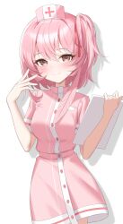1girl absurdres blue_archive closed_mouth cowboy_shot hand_on_own_face hat highres holding holding_paper jei_(user_tckk7448) looking_at_viewer nurse nurse_cap official_alternate_costume paper pink_eyes pink_hair serina_(blue_archive) serina_(nurse)_(blue_archive) shadow simple_background solo white_background