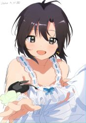 Rule 34 | antenna hair, black hair, blue ribbon, dress, frills, grey eyes, highres, idolmaster, idolmaster million live!, idolmaster million live! theater days, kikuchi makoto, light blush, looking at object, open mouth, parted bangs, pure onepiece (idolmaster), reaching, reaching towards viewer, ribbon, sidelocks, simple background, smile, sundress, suyuri oekaki, white background, white dress
