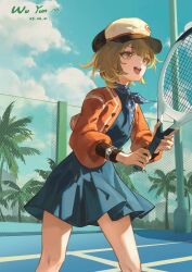 1girl :d absurdres artist_name blue_dress blue_sky brown_hair chain-link_fence cloud cowboy_shot dated day dress fence hat highres holding_tennis_racket jacket legs_apart long_sleeves looking_ahead newsboy_cap open_clothes open_jacket open_mouth orange_eyes palm_tree puffy_long_sleeves puffy_sleeves red_jacket regulus_(reverse:1999) reverse:1999 short_dress short_hair signature sky smile solo teeth tennis_court tree upper_teeth_only watch wristwatch you_wuyun