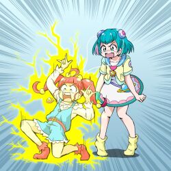 Rule 34 | 2girls, \m/, a-pose, ahoge, angry, aqua eyes, aqua hair, arm up, bad id, belt, blue background, blue dress, blue sailor collar, blush, clenched hand, cropped shirt, curly sidelocks, dot nose, dress, electricity, full body, furrowed brow, hagoromo lala, hair ornament, hand up, hoshina hikaru, jewelry, long hair, long sleeves, motion lines, multiple girls, necklace, on one knee, open mouth, pigeon-toed, precure, print shirt, red hair, red socks, sailor collar, shirt, shirt under dress, short dress, short hair, sleeveless, sleeveless dress, socks, speed lines, standing, star-shaped pupils, star (symbol), star twinkle precure, straight hair, symbol-shaped pupils, teeth, twintails, upper teeth only, v-shaped eyebrows, white dress, white shirt, yakizakana (yakizakana10967), yellow pupils, yellow shirt, yellow socks
