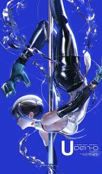 Rule 34 | 1girl, beret, black hair, blue background, blue eyes, blue hair, boots, commentary request, english text, floating liquid, from side, glasses, hat, highres, lipstick mark, lipstick mark on neck, liquid, looking at viewer, m a e u m, making-of available, multicolored hair, original, pants, platform boots, pole, shiny clothes, sideways glance, smile, solo, streaked hair, tight clothes, tight pants, two-tone hair, white hat