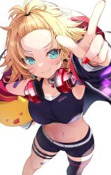 absurdres akai_haato akai_haato_(8th_costume) armpits asymmetrical_legwear bandaid bangs_pinned_back black_choker black_jacket black_shorts black_sports_bra black_thighhighs blonde_hair blue_eyes breasts choker forehead from_above haaton_(akai_haato) headphones highres hololive jacket large_breasts light_blush looking_at_viewer makinan multicolored_jacket navel pointing pointing_at_viewer red_nails short_hair short_shorts shorts simple_background single_thighhigh smile sports_bra stomach thigh_strap thighhighs v-shaped_eyebrows virtual_youtuber white_background