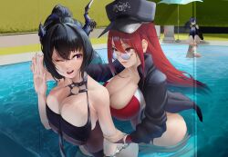 Rule 34 | 4girls, absurdres, against fourth wall, against glass, ahoge, arm strap, arrest, asymmetrical horns, black hair, black jacket, black one-piece swimsuit, blue eyes, blue hair, blue one-piece swimsuit, braid, breast press, breasts, breasts on glass, brown eyes, brown hair, chain, chain headband, cleavage, cleavage cutout, clothing cutout, colored inner hair, cuffs, demon horns, elizabeth rose bloodflame, elizabeth rose bloodflame (holonatsu paradise), feather hair ornament, feathers, flower, hair intakes, hair ornament, hand on glass, handcuffs, hat, highleg, highleg one-piece swimsuit, highres, holding, hololive, hololive english, holonatsu paradise, horn flower, horns, jacket, large breasts, lifeguard, long hair, looking at viewer, mole, mole under eye, multicolored hair, multiple girls, nanashi mumei, nerissa ravencroft, nerissa ravencroft (holonatsu paradise), nikatsun, official alternate costume, official alternate hairstyle, one-piece swimsuit, open mouth, ouro kronii, ouro kronii (holonatsu paradise), police hat, ponytail, red eyes, red hair, red one-piece swimsuit, side-tie one-piece swimsuit, smile, streaked hair, swimsuit, thigh strap, two-tone hair, uneven horns, very long hair, virtual youtuber, white hair