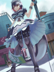 1girl 1other absurdres apron black_hair black_pantyhose breasts building butaizyo candy closed_mouth ellen_joe fins fish_tail food frilled_apron frilled_hairband frilled_wrist_cuffs frills hair_ornament hairband highres holding holding_candy holding_food holding_lollipop large_breasts lollipop looking_at_viewer maid maid_apron maid_headdress mole mole_under_eye pantyhose puffy_short_sleeves puffy_sleeves red_hair red_nails shark_girl shark_tail short_sleeves solo_focus tail waist_apron white_apron wrist_cuffs x_hair_ornament zenless_zone_zero