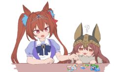 2girls ? animal_ears braid breasts brown_eyes brown_hair card daiwa_scarlet_(umamusume) dog_ears fang hair_between_eyes hair_ribbon hashiguma helmet hololive horse_ears inugami_korone inugami_korone_(viking) large_breasts long_hair multiple_girls open_mouth pointing pointing_down red_eyes ribbon school_uniform single_braid spoken_question_mark tiara tongue tongue_out tracen_school_uniform twintails umamusume virtual_youtuber