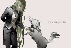 1boy arm_behind_back bow bowtie copyright_name enkidu_(fate) closed_eyes fate/strange_fake fate_(series) formal_clothes gloves green_hair holding_paw long_hair male_focus outstretched_hand redoxhn suit tuxedo very_long_hair white_gloves wolf wolf_(fate)