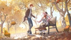 1girl autumn autumn_leaves black_jacket blush bow emiya_shirou falling fate/stay_night fate_(series) gaoyue_jixiang hair_ornament highres jacket leaf long_hair long_sleeves maple_leaf nature oc_x_canon open_clothes open_jacket original outdoors pink_eyes pink_hair plaid_clothes plaid_skirt red_hair red_scarf ribbon scarf seasons skirt smile tree twintails white_jacket