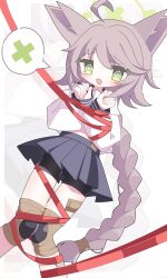 1girl @_@ absurdres ahoge animal_ears bike_shorts blue_archive blush bound braid brown_hair fox_ears fox_girl green_eyes green_halo halo highres otogi_(blue_archive) pleated_skirt red_ribbon ribbon school_uniform serafuku shigure_(hggk2544) simple_background skirt spoken_x tied_up_(nonsexual)