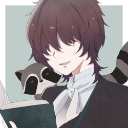 1boy animal book border brown_hair bungou_stray_dogs collared_shirt commentary_request edgar_allan_poe_(bungou_stray_dogs) highres holding holding_book kkknave0x0 male_focus neckerchief open_book open_mouth outside_border partial_commentary raccoon shirt short_hair simple_background smile solo upper_body white_border