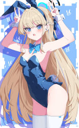 1girl absurdres animal_ears blonde_hair blue_archive blue_bow blue_bowtie blue_eyes blue_leotard blush bow bowtie chinese_commentary commentary double_v ear_piercing fake_animal_ears fake_tail hair_bow halo highres hua-huahua leotard long_hair looking_at_viewer multicolored_halo open_mouth piercing playboy_bunny rabbit_ears rabbit_tail solo tail teeth thighhighs toki_(blue_archive) toki_(bunny)_(blue_archive) upper_teeth_only v white_thighhighs