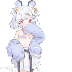 1girl ahoge animal_ears bandaid bandaids_on_nipples bare_shoulders blue_jacket blush bow cowboy_shot hair_bow hair_ornament hairclip highres indie_virtual_youtuber jacket long_sleeves looking_at_viewer maplesights mouse_ears nemimi_yane open_clothes pasties red_eyes short_hair skirt sleeves_past_fingers sleeves_past_wrists solo tail white_background