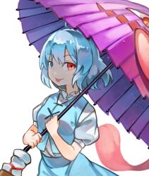 1girl absurdres bad_id bad_pixiv_id blue_eyes blue_hair blue_skirt blue_vest breasts cowboy_shot creeper_(gametime) from_side heterochromia highres holding holding_umbrella looking_at_viewer medium_hair puffy_short_sleeves puffy_sleeves purple_umbrella red_eyes shirt short_sleeves simple_background skirt small_breasts solo tatara_kogasa tongue tongue_out touhou umbrella vest white_background white_shirt