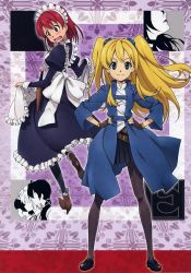 Rule 34 | 00s, 2girls, absurdres, blonde hair, blue eyes, blush, cecily cambell, charlotte e firobisher, headdress, highres, long hair, maid, maid headdress, multiple girls, official art, red eyes, red hair, seiken no blacksmith, short hair, smile, twintails