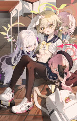 &lt;|&gt;_&lt;|&gt; 4girls absurdres azusa_(blue_archive) black_pantyhose black_wings blue_archive blue_sailor_collar blue_skirt breasts brown_eyes brown_hair character_backpack chinese_commentary classroom clothes_lift commentary_request desk feathered_wings green_eyes green_halo halo hanako_(blue_archive) head_wings hifumi_(blue_archive) highres indoors kele_mimi koharu_(blue_archive) long_hair make-up_work_club_(blue_archive) multiple_girls navel open_mouth pantyhose peroro_(blue_archive) pink_hair pink_halo poking_belly purple_eyes sailor_collar school_desk shirt shirt_lift shoes skirt skirt_lift small_breasts sneakers twintails white_hair white_shirt white_shoes white_wings wings yellow_halo yuri