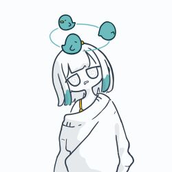 1girl @_@ animated animated_gif arms_at_sides bird blue_bird blunt_bangs blunt_ends bob_cut d: dazed dizzy drooling head_tilt jitome limited_palette long_sleeves looping_animation mouth_drool multicolored_hair no_nose off-shoulder_sweater off_shoulder open_mouth original parted_lips seeing_stars short_hair simple_background single_bare_shoulder solo spot_color sweater tuno_(guranzimatto) two-tone_hair upper_body white_background white_hair white_sweater