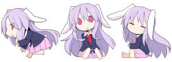 1girl :3 animal_ears rabbit_ears reference_sheet chibi female_focus full_body highres ladfa long_hair multiple_views purple_hair red_eyes reisen_udongein_inaba simple_background skirt smile t_t touhou walking white_background