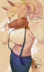 animal_ears blonde_hair breasts eating food horse_ears large_breasts meat nickname_(artist) ponytail smile taiki_shuttle_(umamusume) umamusume score:0 rating:general Rule 34 | animal ears, blonde hair, breasts, eating, food, horse ears, large breasts, meat, nickname (artist), ponytail, smile, taiki shuttle (umamusume), umamusume
