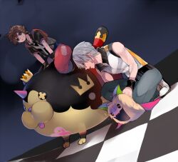 Rule 34 | 2boys, blue eyes, brown hair, chain, chain necklace, commentary request, dream eater (kingdom hearts), dutch angle, greyscale, hood, hoodie, jewelry, kingdom hearts, kingdom hearts 3d: dream drop distance, male focus, monochrome, multiple boys, necklace, pants, red pants, riding, riku (kingdom hearts), short sleeves, sora (kingdom hearts), squatting, toned, toned male, umidesuyo, vest, white vest, wristband