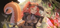 Rule 34 | 1girl, absurdres, arknights, black gloves, black jacket, brown shirt, crystal, fingerless gloves, glasses, gloves, grey neckerchief, highres, holding, holding magnifying glass, jacket, long hair, long tail, magnifying glass, neckerchief, open clothes, open jacket, open mouth, orange eyes, orange hair, outdoors, pointy ears, shale, shirt, snake tail, solo, tail, teeth, toolbox, upper teeth only, visor cap, wulfenite (arknights)