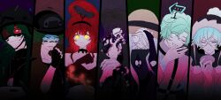 1girl 3: 6+boys ;d adjusting_clothes adjusting_headwear androgynous aqua_hair arrow_(symbol) bare_shoulders beanie biting biting_own_thumb black_choker black_gloves black_hairband black_hat black_shirt blue_hair breasts brown_dress brown_gloves brown_hat brown_jacket cheek_tattoo chinese_commentary choker cleavage clenched_teeth closed_eyes closed_mouth collarbone collared_shirt colored_sclera column_lineup commentary_request covering_one_eye crossed_bangs double-parted_bangs dress elbow_gloves electric_peashooter film_grain fingerless_gloves fingernails fire_peashooter flipped_hair food frown gatling_pea_(plants_vs_zombies) gloves glowing glowing_eyes goggles goo_peashooter green_hair green_jacket grin hair_between_eyes hair_over_one_eye hairband hand_up hat high_ponytail highres jacket lanyard large_breasts long_hair long_sleeves multiple_boys no_pupils official_alternate_costume one_eye_closed open_clothes open_jacket open_mouth pale_skin personification plants_vs._zombies plants_vs._zombies_2 poison pom_pom_(clothes) pom_pom_beanie ponytail purple_hair purple_sclera red-tinted_eyewear red_eyes red_hair sausage shadow_peashooter_(plants_vs_zombies) shirt short_hair sign siiiiiiiiiii simple_background smile snow_pea_(plants_vs_zombies) star_(symbol) strapless strapless_dress sun_hat sweatdrop tattoo teeth tinted_eyewear turtleneck turtleneck_shirt u_u upper_body white_eyes yellow_eyes