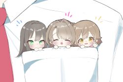 1boy 3girls ^_^ blush chibi closed_eyes commentary_request dress_shirt empty17033658 hand_up highres honda_mio idolmaster idolmaster_cinderella_girls in_pocket looking_at_viewer multiple_girls necktie new_generations_(idolmaster) notice_lines producer_(idolmaster) red_necktie shibuya_rin shimamura_uzuki shirt smile white_shirt