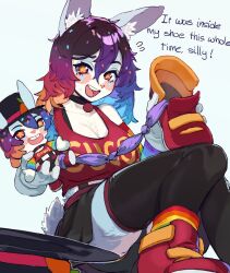 1girl animal_ears animal_nose black_choker black_panties black_skirt black_thighhighs blue_hair blush breasts carrot character_doll choker cleavage commentary english_commentary english_text furry furry_female gloves gradient_hair hair_between_eyes hat highres holding k-rha&#039;s large_breasts looking_at_viewer magic_trick magician miniskirt multicolored_hair open_mouth original panties pantyshot pleated_skirt purple_hair rabbit_ears rabbit_girl rabbit_tail red_eyes red_hair red_shirt shirt shoes simple_background sitting skirt smile solo star-shaped_pupils star_(symbol) symbol-shaped_pupils tail teeth thighhighs thighs top_hat underwear upper_teeth_only upskirt white_background yellow_eyes