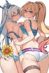 2girls ;p ass bikini bikini_top_pull blonde_hair blue_bikini blue_eyes blue_hair blue_tank_top breast_press breasts clothes_lift commentary durandal_(honkai_impact) flower grabbing_another&#039;s_thighs hair_ornament highres honkai_(series) honkai_impact_3rd incest kiana_kaslana large_breasts long_hair looking_at_viewer micro_shorts multicolored_hair multiple_girls official_alternate_costume one_eye_closed ponytail shirt_lift shoes shorts siblings simple_background sisters star_(symbol) star_hair_ornament sunflower swimsuit tank_top thigh_strap tongue tongue_out two-tone_hair very_long_hair vierzeck white_background white_hair white_shoes yuri