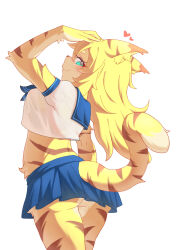 1girl animal_ear_fluff animal_ears aqua_eyes arched_back arm_at_side arm_up ass bare_arms blonde_hair blue_neckerchief blue_sailor_collar blue_skirt blush breasts cleft_of_venus closed_eyes closed_mouth cowboy_shot crop_top crop_top_overhang cropped_shirt eyelashes flipped_hair from_behind from_side furry furry_female hand_on_own_head heart highres lalamedli long_hair looking_at_viewer looking_to_the_side medium_breasts mia_(world_flipper) microskirt midriff neckerchief no_bra no_panties pleated_skirt pussy pussy_juice sailor_collar school_uniform seductive_smile see-through_clothes see-through_shirt serafuku shirt short_eyebrows short_sleeves sideways_glance simple_background skirt smile snout solo standing t-shirt tail tail_raised tiger_ears tiger_girl tiger_stripes tiger_tail two-tone_fur white_background white_shirt world_flipper