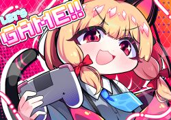 1girl :3 :d absurdres animal_ear_headphones animal_ears blonde_hair blue_archive blue_necktie bow cat_ear_headphones cat_ears collared_shirt commentary controller dress_shirt drop_shadow english_text fake_animal_ears game_controller gradient_background hair_bow halftone halftone_background headphones highres holding holding_controller holding_game_controller jacket kkukka41 looking_at_viewer low-tied_sidelocks momoi_(blue_archive) necktie off_shoulder open_mouth pink_background pink_eyes pink_jacket red_background red_bow school_uniform shirt short_hair short_necktie sidelocks smile solo sparkle suspenders two-tone_background upper_body v-shaped_eyebrows white_shirt