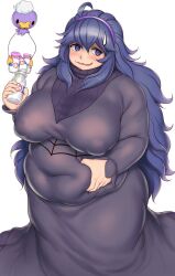 1girl @_@ ahoge alternate_body_size alternate_breast_size belly_grab blue_hair blush bottle breasts breasts_apart covered_erect_nipples covered_navel dress fat hair_between_eyes hairband hex_maniac_(pokemon) highres huge_breasts long_dress long_hair long_sleeves looking_to_the_side milk_bottle moomoo_milk nintendo orizen parted_lips pokemon purple_eyes purple_hairband solo sweatdrop tareme thick_arms white_background