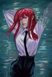 Rule 34 | 1girl, black necktie, braid, braided ponytail, chainsaw man, collared shirt, commentary, highres, long hair, makima (chainsaw man), necktie, red eyes, red hair, rikainot, ringed eyes, shirt, solo, water