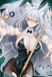 1girl alternate_costume animal_ear_fluff animal_ears blue_archive breasts cross_hair_ornament extra_ears grey_hair hair_ornament highres kaji_zarame large_breasts leotard lying playboy_bunny shiroko_(blue_archive) shiroko_terror_(blue_archive) solo wolf_ears wolf_girl