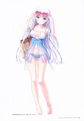 Rule 34 | 1girl, absurdres, alternate costume, arms up, bikini, blue bikini, blue eyes, blush, breasts, carrying bag, collarbone, copyright name, eyes visible through hair, floating hair, goggles, hair between eyes, hair ornament, hairpin, heart-shaped goggles, highres, long hair, looking at viewer, medium breasts, na-ga, naruse shiroha, navel, parted lips, solo, standing, summer pockets, swimsuit, very long hair, white hair