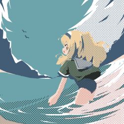 Rule 34 | 1girl, bb 15hz, bird, blonde hair, blue one-piece swimsuit, blush, cloud, day, green jacket, grey sailor collar, hair between eyes, hairband, i-26 (kancolle), jacket, kantai collection, long hair, looking at viewer, one-piece swimsuit, open mouth, sailor collar, short sleeves, sky, solo, swimsuit, wading, water, yellow eyes