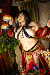 1girl asian belly belly_dancer black_hair breasts chouzuki_maryou cleavage highres large_breasts lipstick makeup photo_(medium) plump solo thick_thighs thighs underboob
