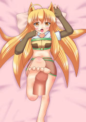 1girl ahoge animal_ears barefoot blonde_hair censored clothed_female_nude_male disembodied_penis feet fingerless_gloves footjob gloves hunter hunter_(ragnarok_online) nude penis ragnarok_online solo_focus