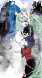 Rule 34 | 26 touhou, 2girls, black eyes, black ribbon, black skirt, blue eyes, blue hair, closed mouth, colored skin, cowboy shot, dress, floating, green dress, grey background, grey hair, grey skin, hair ornament, hair over one eye, hair rings, hair stick, hat, hat ornament, highres, jiangshi, kaku seiga, lace-trimmed sleeves, lace trim, long hair, miyako yoshika, multiple girls, neck ribbon, newsboy cap, ofuda, open mouth, outstretched arms, purple hat, red shirt, ribbon, shirt, short sleeves, skirt, smile, star (symbol), star hat ornament, touhou, zombie pose