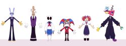 1other 2boys 3girls absurdres alternate_costume animal_ears aqua_bow aqua_sailor_collar aqua_skirt asymmetrical_arms asymmetrical_eyelashes asymmetrical_eyes baggy_clothes baggy_pants belt black_belt black_eyes black_jacket black_necktie black_pants black_shoes black_sleeve_cuffs black_sleeves blouse blue_eyes blue_hat blue_sky blue_sleeve_cuffs blush_stickers bow button_eyes buttoned_cuffs buttons caine_(the_amazing_digital_circus) caine_(the_amazing_digital_circus)_(cosplay) center-flap_bangs chess_piece claws collared_shirt colored_sclera colored_skin comedy_and_tragedy_masks commentary concept_art cosplay cross_tie disembodied_hand double_horizontal_stripe english_commentary expressionless eyes_over_blush facing_viewer fewer_digits formal_clothes furry furry_male gakuran gangle_(the_amazing_digital_circus) glasses glitch_productions gloves gold_buttons hair_bow hat hat_bell height_difference high_collar highres horizontal-striped_sleeve_cuffs jacket jax_(the_amazing_digital_circus) jester_cap king_(chess) kinger_(the_amazing_digital_circus) kneehighs lapels long_sleeves medium_hair medium_skirt miniskirt mismatched_sclera multicolored_eyes multiple_boys multiple_girls neckerchief necktie nezhahah official_art open_hands open_mouth pants pleated_skirt pocket popped_collar production_art puffy_long_sleeves puffy_sleeves purple_fur purple_shirt purple_vest rabbit_ears ragatha_(the_amazing_digital_circus) rectangular_eyewear red_hat red_neckerchief red_sleeves red_suit reference_sheet sailor_collar school_uniform serafuku shirt shoes side-by-side sideways_mouth simple_background single_glove single_shoe skirt sky sleeve_cuffs smile socks straight-on striped_clothes striped_headwear suit the_amazing_digital_circus two-tone_eyes two-tone_hat undershirt vertical-striped_clothes vertical-striped_headwear vest white_background white_gloves white_mask white_shirt white_skin white_sleeve_cuffs white_socks white_stripes white_undershirt wing_collar yellow_gloves yellow_sclera zooble_(the_amazing_digital_circus)