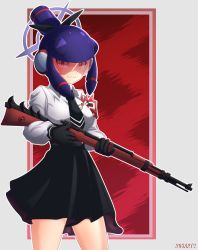 1girl axasempai black_gloves black_necktie black_skirt blue_archive bolt_action cosplay gloves gun highres holding holding_gun holding_weapon iori_(blue_archive) iori_(blue_archive)_(cosplay) long_sleeves looking_at_viewer mauser_98 meddy.exe_(mega_man) mega_man_(series) mega_man_battle_network mega_man_battle_network_(series) mega_man_battle_network_5 necktie netnavi pleated_skirt purple_hair rifle school_uniform shirt skirt smile solo visor weapon white_shirt