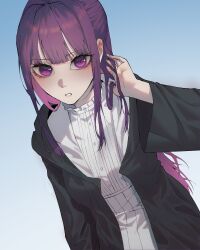 1girl absurdres black_robe blue_eyes blunt_bangs dress fern_(sousou_no_frieren) hair_intakes half_updo hand_in_own_hair hand_up highres light_blush long_hair looking_at_viewer open_clothes open_robe parted_lips purple_hair robe sidelocks solo sousou_no_frieren tyrezal very_long_hair white_dress