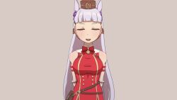 1girl animal_ears animated armband arms_behind_back bag bare_shoulders belt blunt_bangs bouncing_breasts bow breasts brown_bag brown_belt brown_hat buttons closed_eyes darling_in_the_franxx double-breasted dress ear_bow facing_viewer gloves gold_ship_(umamusume) grey_background hat horse_ears horse_girl large_breasts long_hair martin_(tuxedopato) open_mouth pillbox_hat purple_bow red_armband red_bow red_dress scene_reference simple_background sleeveless sleeveless_dress smile solo straight-on tagme umamusume upper_body video white_gloves white_hair