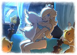 1girl 4others bed between_legs blue_bra blue_eyes blue_panties bra breasts cleavage crown earrings hair_over_one_eye hand_between_legs highres holding holding_pillow jewelry long_hair looking_at_viewer luma_(mario) mario_(series) medium_breasts moon multiple_others night nintendo panties parted_lips pillow rosalina saiwo_(saiwoproject) shooting_star sitting star_(symbol) star_earrings strap_slip super_mario_galaxy underwear underwear_only window