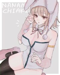Rule 34 | 1girl, :o, armlet, bare shoulders, breasts, brown hair, character name, cleavage, danganronpa (series), danganronpa 2: goodbye despair, fishnet thighhighs, fishnets, grey background, groin, hand up, highres, jewelry, kamaboko (shimonnnu083), large breasts, leotard, medium hair, mole, mole on breast, nanami chiaki, official alternate costume, pink eyes, pink shoes, playboy bunny, shoes, solo, thighhighs, white background