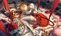 1girl asagi_futsuka bird blonde_hair boots bouquet bow braid candle candlestand checkered_floor chess_piece crown cup empty_picture_frame fate/extra fate_(series) flower from_above green_eyes hair_intakes highres jewelry juliet_sleeves knee_boots long_hair long_sleeves looking_at_viewer lying mini_crown mirror necklace nero_claudius_(flower_parade)_(fate) on_floor on_side ostrich parted_lips pearl_necklace petals picture_frame print_thighhighs puffy_sleeves red_bow red_petals red_ribbon ribbon rose rose_petals shoes short_hair shorts solo teacup thighhighs unworn_crown unworn_jewelry unworn_necklace waist_cape white_shoes white_shorts white_thighhighs wide_shot zettai_ryouiki