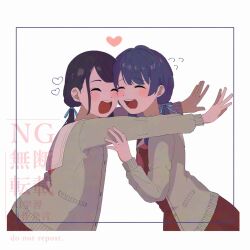 Rule 34 | 2girls, :d, ^ ^, animification, black hair, blue hair, blue ribbon, blush, brown cardigan, brown dress, cardigan, closed eyes, dress, flying sweatdrops, hair ribbon, hasu no sora school uniform, heart, imminent hug, link! like! love live!, long hair, long sleeves, love live!, low twintails, matsui ibuki, mole, mole on neck, multiple girls, murano sayaka, neckerchief, nonaka kokona, open cardigan, open clothes, open mouth, outstretched arms, real life, red neckerchief, ribbon, sailor collar, sailor dress, school uniform, sidelocks, smile, twintails, virtual youtuber, voice actor, voice actor connection, watermark, white sailor collar, winter uniform