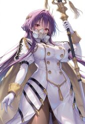 1girl aibanousagi breasts esperanza_(shadowverse) gloves hair_ornament highres holding holding_staff juliet_sleeves long_hair long_sleeves mask medium_breasts mouth_mask pantyhose puffy_sleeves purple_hair red_eyes shadowverse shadowverse:_worlds_beyond simple_background solo staff white_background white_gloves