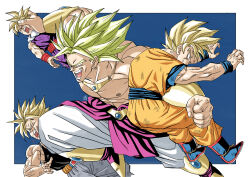 Rule 34 | 4boys, baggy pants, black tank top, blank eyes, blonde hair, blue eyes, broly (dragon ball z), dougi, dragon ball, dragonball z, earrings, fighting, forest 1988, highres, injury, jewelry, legendary super saiyan, male focus, multiple boys, muscular, muscular male, necklace, no pupils, pants, shirt, short hair, smile, son gohan, son goku, spiked hair, super saiyan, super saiyan 1, tank top, topless male, toriyama akira (style), trunks (dragon ball), trunks (future) (dragon ball), wristband