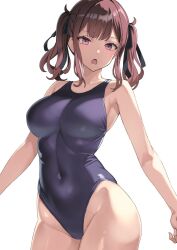 1girl akahara_tyun black_one-piece_swimsuit breasts brown_eyes brown_hair cevio competition_swimsuit covered_navel cowboy_shot hair_ribbon large_breasts long_hair looking_at_viewer natsuki_karin one-piece_swimsuit open_mouth ribbon simple_background solo swimsuit twintails white_background