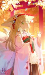1girl absurdres animal_ear_fluff animal_ears apron arknights asamayuki_ra blonde_hair brown_hakama bug butterfly chinese_commentary chromatic_aberration commentary_request dated flower fox_ears fox_girl fox_tail frilled_apron frills green_eyes hair_flower hair_ornament hair_ribbon hairband hakama hakama_skirt hands_up highres insect japanese_clothes kimono kitsune kyuubi long_hair long_sleeves multiple_tails multiple_torii official_alternate_costume parted_lips pink_kimono red_hairband red_ribbon ribbon ribbon-trimmed_sleeves ribbon_trim skirt solo suzuran_(arknights) suzuran_(yukibare)_(arknights) tail torii triangle_mouth white_apron wide_sleeves