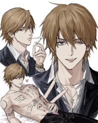 Rule 34 | 1boy, black jacket, black pants, brown eyes, brown hair, character request, cigarette, collarbone, copyright request, hair between eyes, half-closed eyes, heart, highres, holding, holding cigarette, jacket, looking at viewer, male focus, multiple views, one eye closed, open mouth, pants, parted lips, pectorals, shirt, short hair, simple background, smile, smoking, solo, sso s, tattoo, teeth, topless male, upper teeth only, white background, white shirt